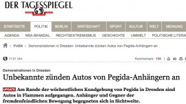 "Unbekannte zünden Autos von Pegida-Anhängern an" (Screenshot, Tagesspiegel)