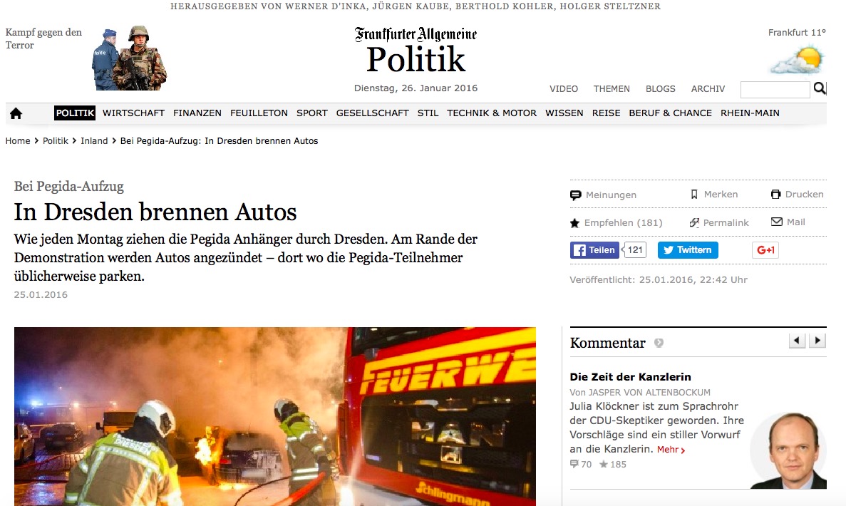 „Bei PEGIDA-Aufzug: In Dresden brennen Autos“: Über Medien, Doppelmoral und Extremismus